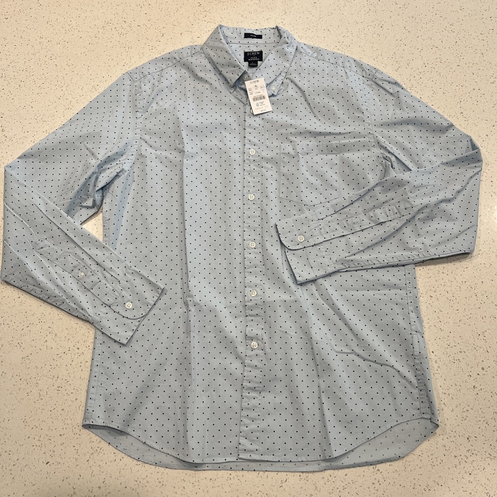 J Crew Flex Washed Slim L Large Long Sleeve Button Shirt Blue Polka Dot NWT